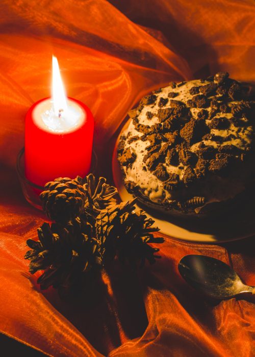 cake-lit-candle-pinecones-with-spoon-red-clothes